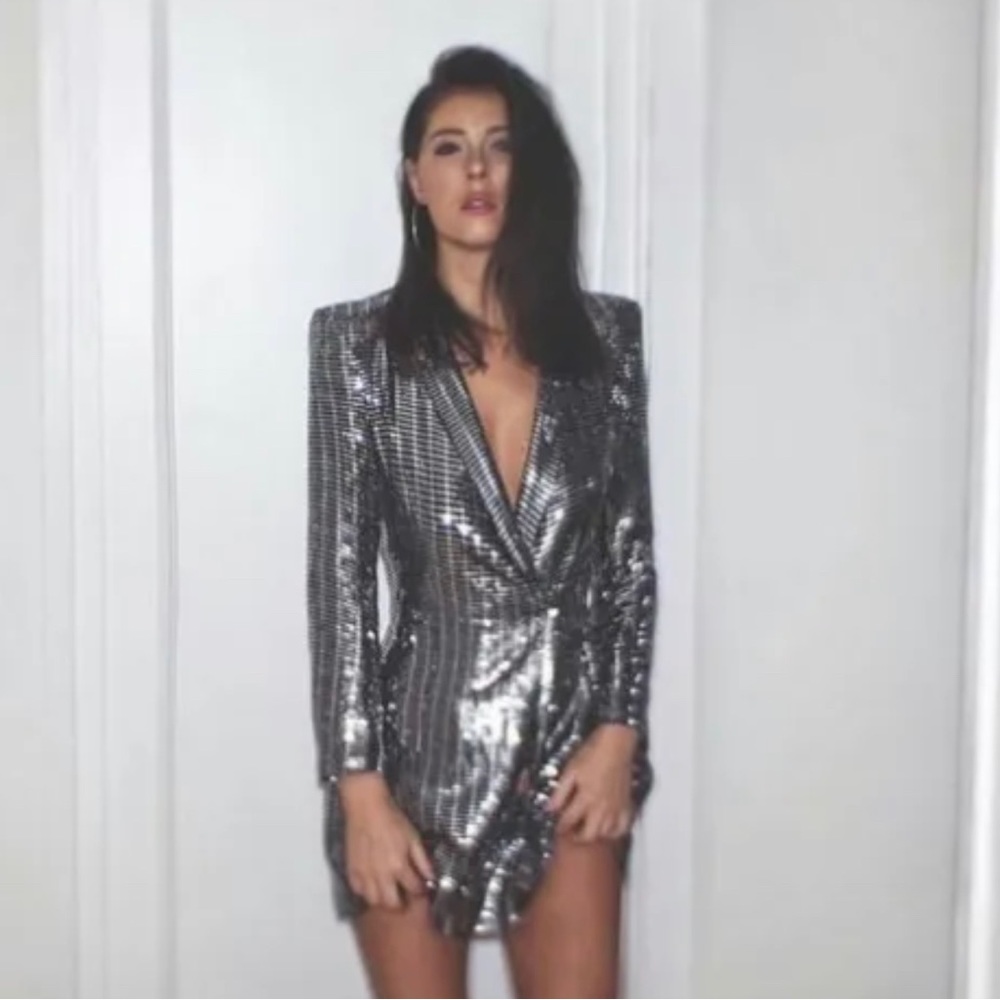 ZARA Silver Metallic Blazer Dress Tuxedo Lapels
